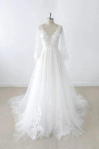 Long A-line V-neck Appliques Lace Tulle Backless Wedding Dress with Sleeves by BIZTUNNEL