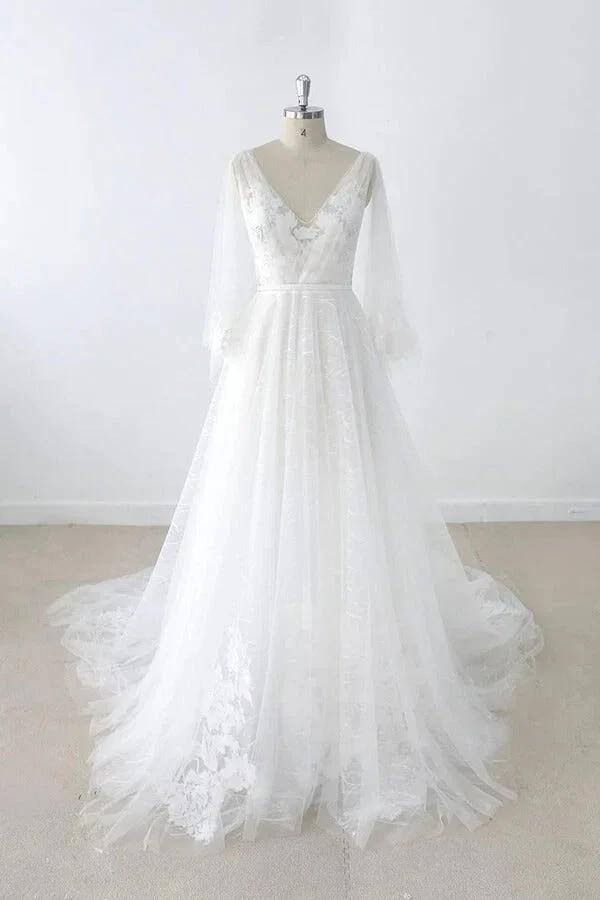 Long A-line V-neck Appliques Lace Tulle Backless Wedding Dress with Sleeves by BIZTUNNEL