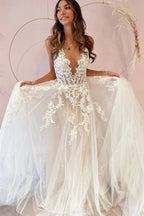 Long A-Line V-neck Appliques Lace Tulle Backless Wedding Dress by BIZTUNNEL