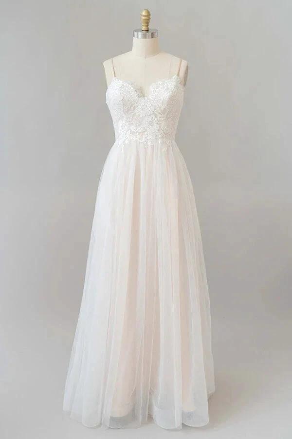 Long A-line V-neck Appliques Lace Tulle Backless Wedding Dress by BIZTUNNEL