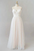 Long A-line V-neck Appliques Lace Tulle Backless Wedding Dress by BIZTUNNEL