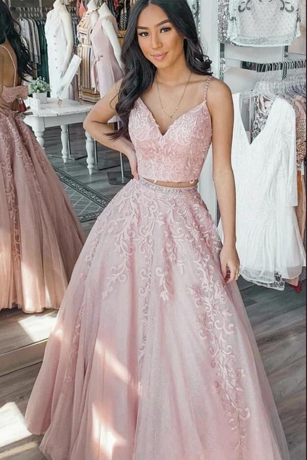 Long A-Line V-neck Appliques Lace Tulle Two Piece Prom Dress by BIZTUNNEL