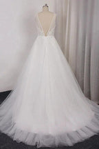 Long A-line V-neck Appliques Lace Tulle Wedding Dress by BIZTUNNEL