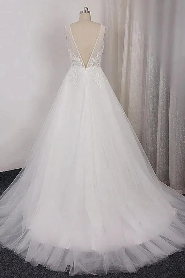 Long A-line V-neck Appliques Lace Tulle Wedding Dress by BIZTUNNEL