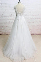 Long A-line V-neck Appliques Lace Tulle Wedding Dress by BIZTUNNEL