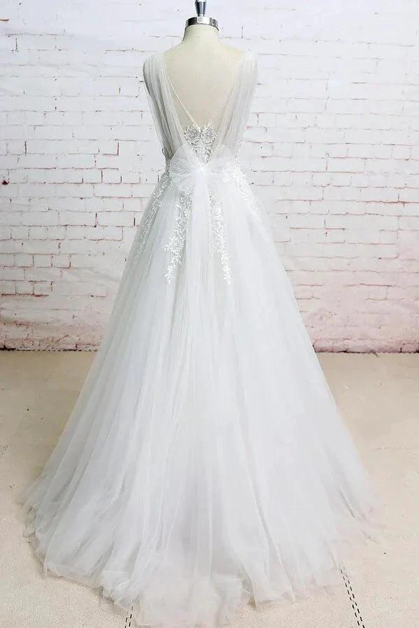 Long A-line V-neck Appliques Lace Tulle Wedding Dress by BIZTUNNEL