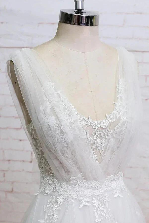 Long A-line V-neck Appliques Lace Tulle Wedding Dress by BIZTUNNEL