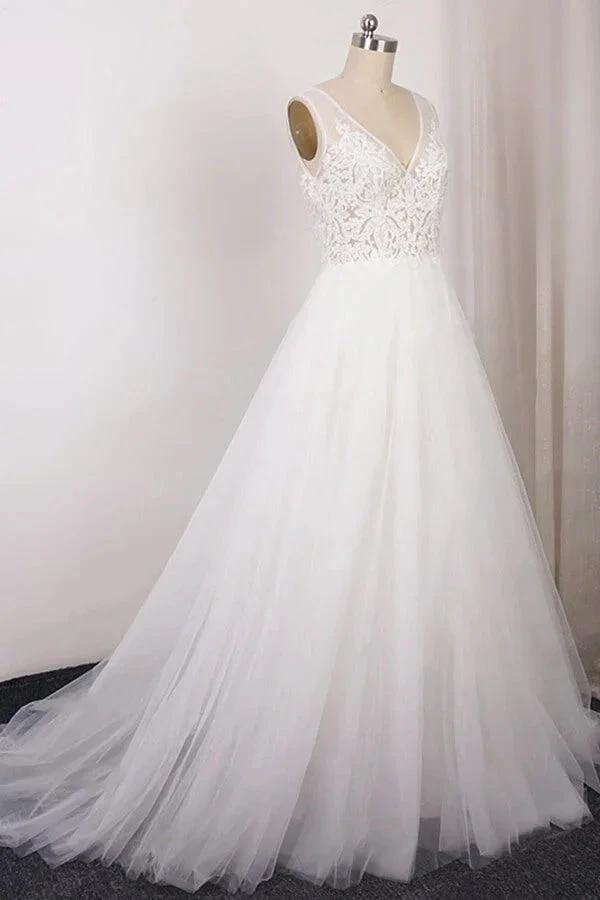 Long A-line V-neck Appliques Lace Tulle Wedding Dress by BIZTUNNEL
