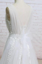 Long A-line V-neck Appliques Lace Tulle Wedding Dress by BIZTUNNEL