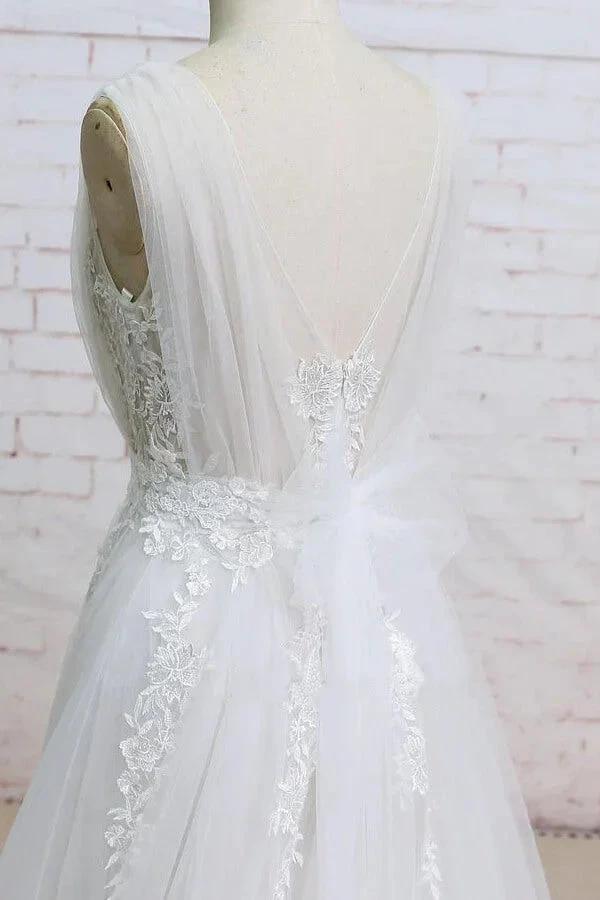 Long A-line V-neck Appliques Lace Tulle Wedding Dress by BIZTUNNEL