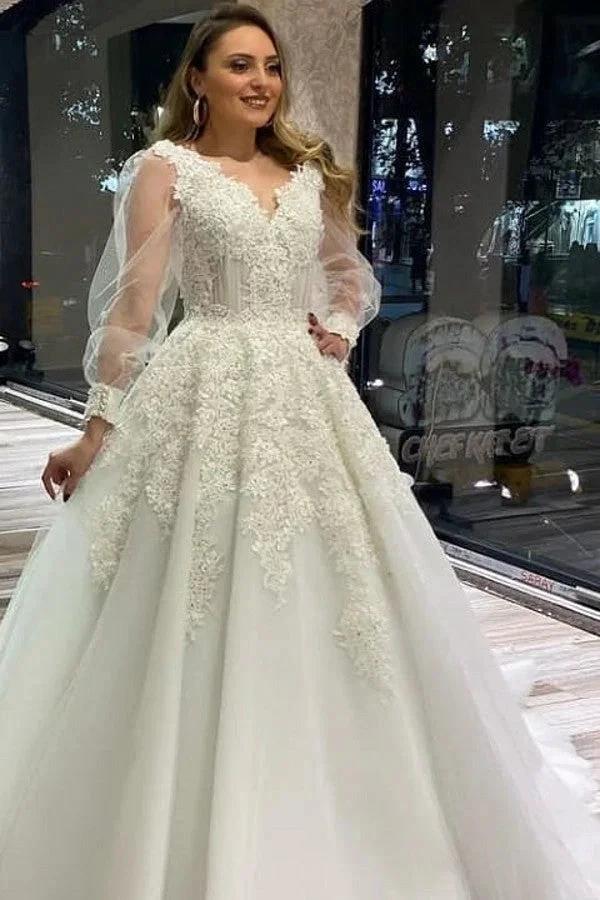 Long A-Line V-neck Appliques Lace Tulle Wedding Dress With Puffy Long Sleeves by BIZTUNNEL