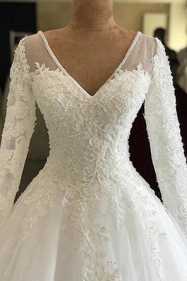 Long A-line V-neck Appliques Lace Tulle Wedding Dress with Sleeves by BIZTUNNEL