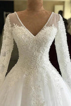 Long A-line V-neck Appliques Lace Tulle Wedding Dress with Sleeves by BIZTUNNEL