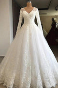 Long A-line V-neck Appliques Lace Tulle Wedding Dress with Sleeves by BIZTUNNEL