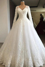 Long A-line V-neck Appliques Lace Tulle Wedding Dress with Sleeves by BIZTUNNEL