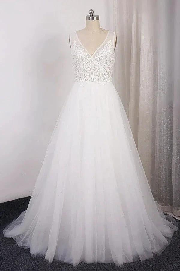Long A-line V-neck Appliques Lace Tulle Wedding Dress by BIZTUNNEL