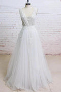 Long A-line V-neck Appliques Lace Tulle Wedding Dress by BIZTUNNEL