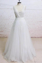 Long A-line V-neck Appliques Lace Tulle Wedding Dress by BIZTUNNEL