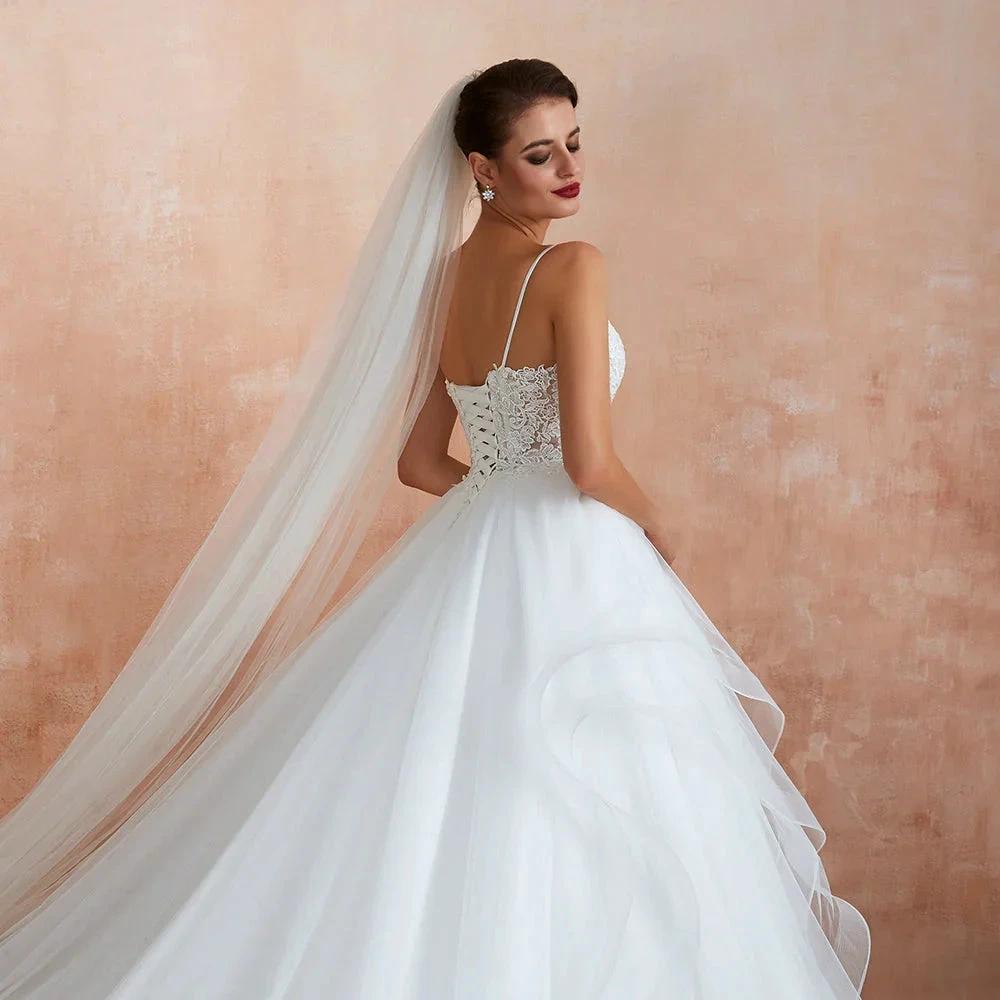 Long A-line V-neck Appliques Tulle Wedding Dress by BIZTUNNEL
