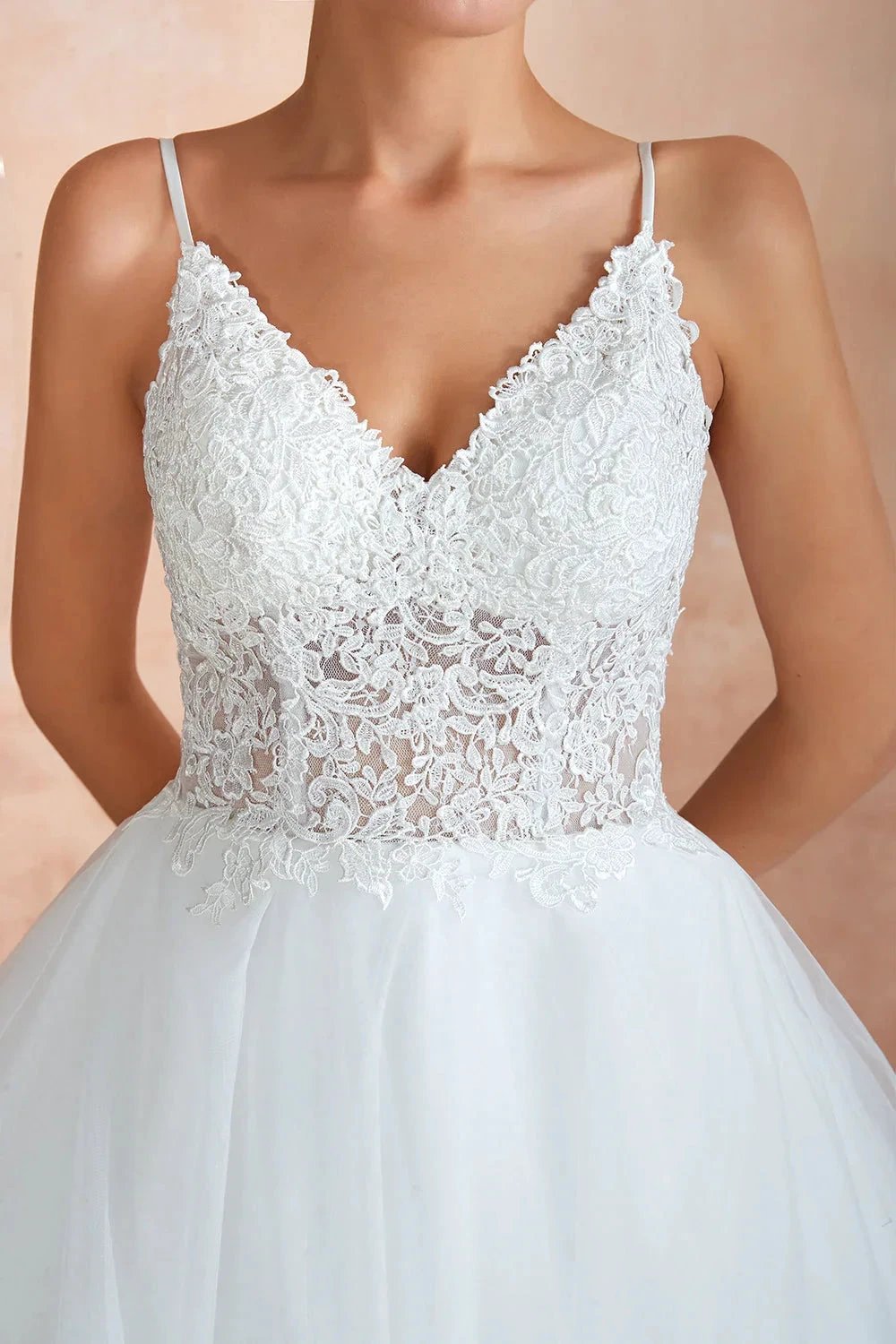 Long A-line V-neck Appliques Tulle Wedding Dress by BIZTUNNEL