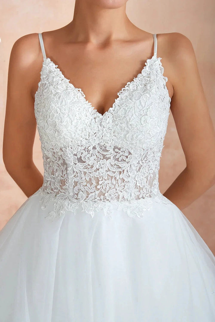 Long A-line V-neck Appliques Tulle Wedding Dress by BIZTUNNEL