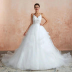 Long A-line V-neck Appliques Tulle Wedding Dress by BIZTUNNEL