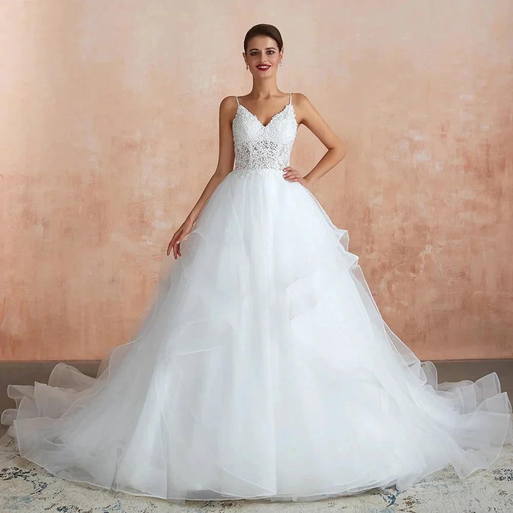 Long A-line V-neck Appliques Tulle Wedding Dress by BIZTUNNEL