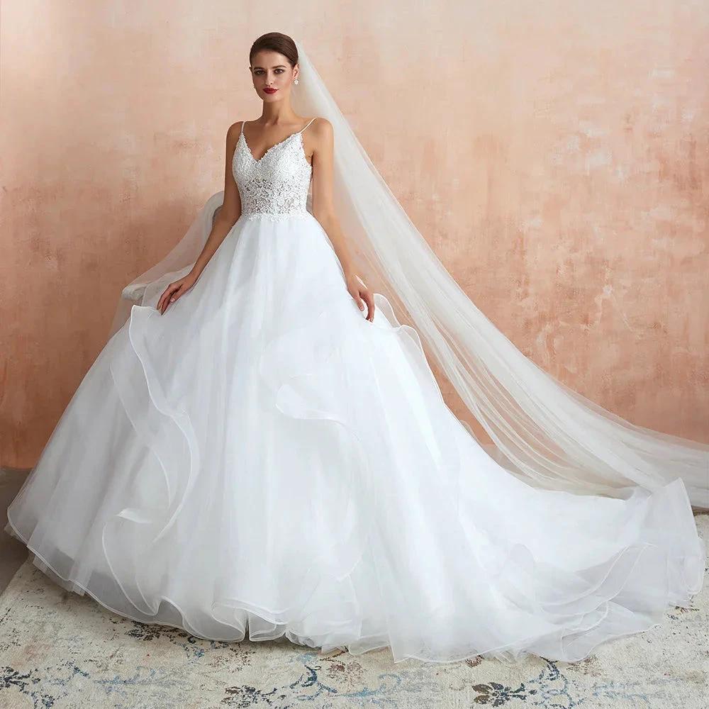 Long A-line V-neck Appliques Tulle Wedding Dress by BIZTUNNEL