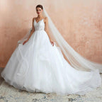 Long A-line V-neck Appliques Tulle Wedding Dress by BIZTUNNEL