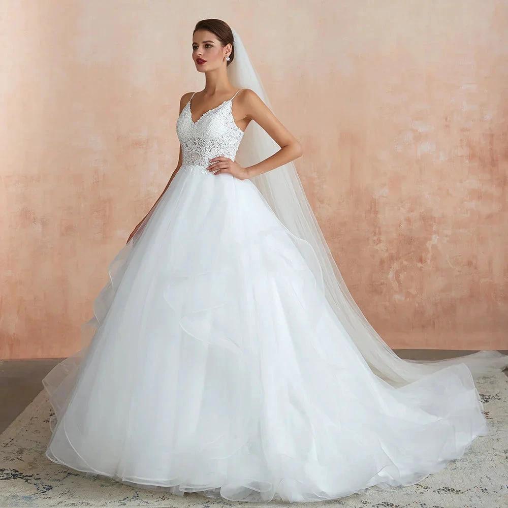 Long A-line V-neck Appliques Tulle Wedding Dress by BIZTUNNEL