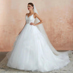 Long A-line V-neck Appliques Tulle Wedding Dress by BIZTUNNEL