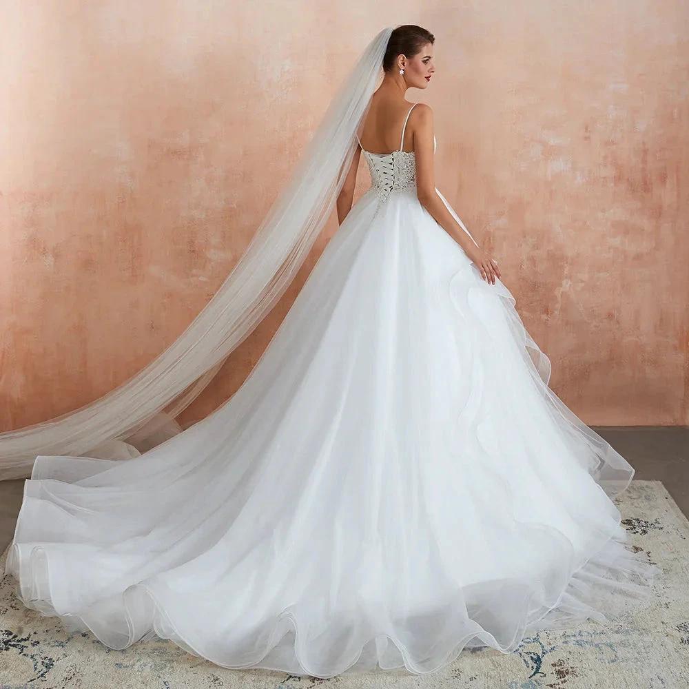 Long A-line V-neck Appliques Tulle Wedding Dress by BIZTUNNEL