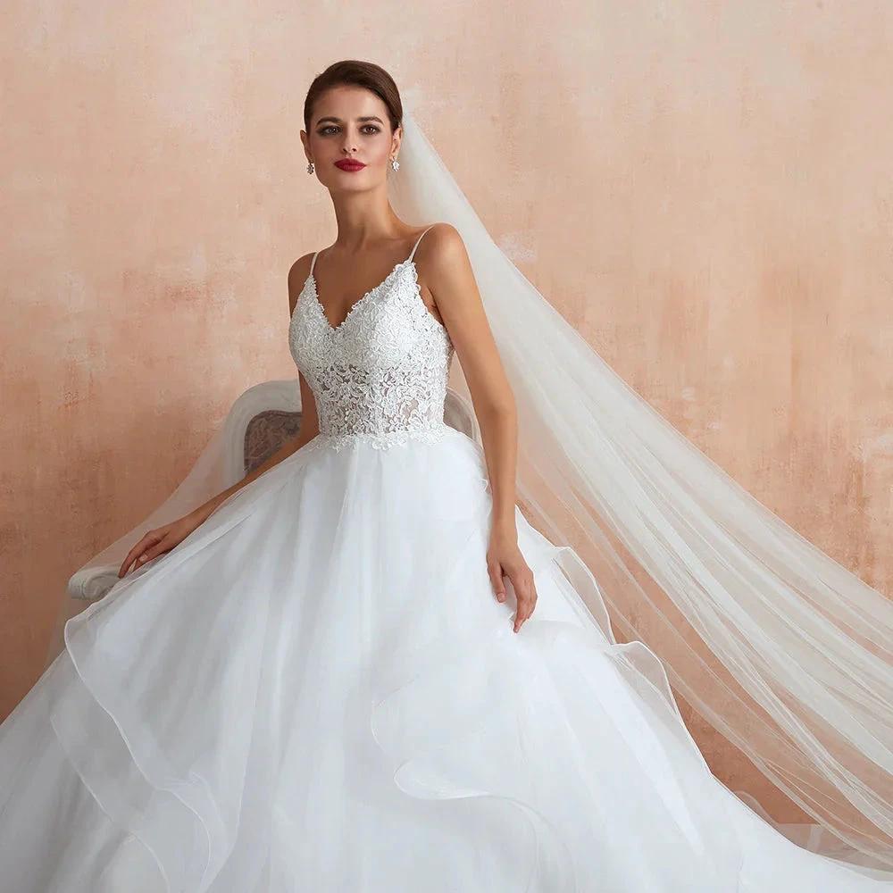 Long A-line V-neck Appliques Tulle Wedding Dress by BIZTUNNEL