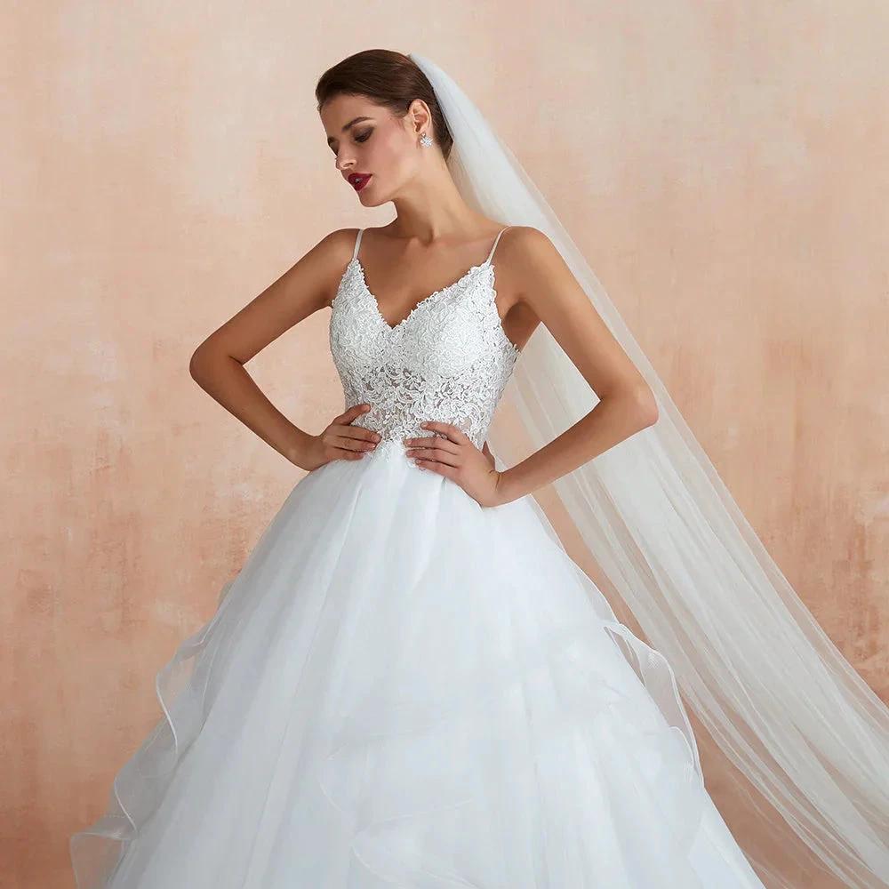 Long A-line V-neck Appliques Tulle Wedding Dress by BIZTUNNEL