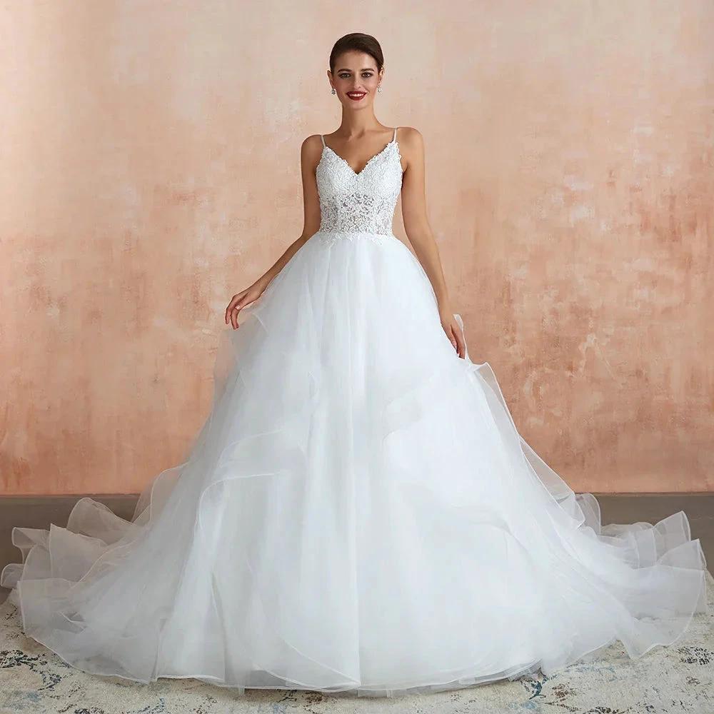 Long A-line V-neck Appliques Tulle Wedding Dress by BIZTUNNEL