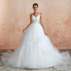 Long A-line V-neck Appliques Tulle Wedding Dress by BIZTUNNEL
