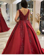 Long A-Line V-neck Backless Appliques Beading Satin Ruffles Prom Dress by BIZTUNNEL