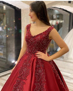 Long A-Line V-neck Backless Appliques Beading Satin Ruffles Prom Dress by BIZTUNNEL