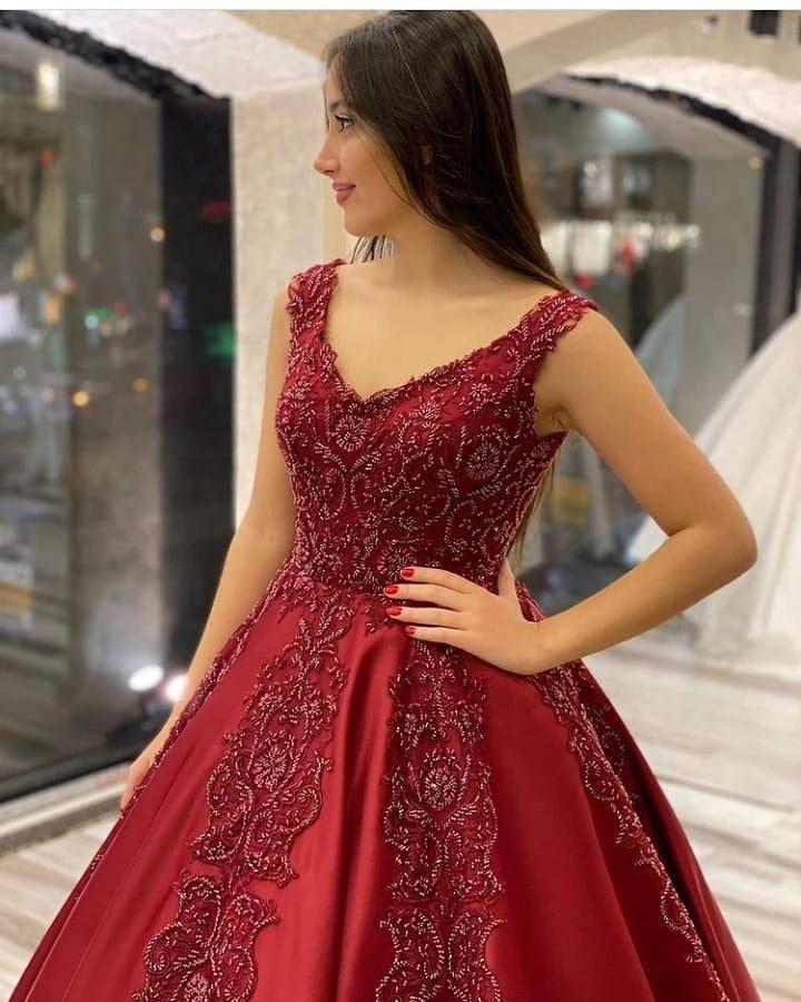 Long A-Line V-neck Backless Appliques Beading Satin Ruffles Prom Dress by BIZTUNNEL