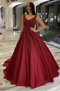 Long A-Line V-neck Backless Appliques Beading Satin Ruffles Prom Dress by BIZTUNNEL