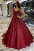 Long A-Line V-neck Backless Appliques Beading Satin Ruffles Prom Dress by BIZTUNNEL