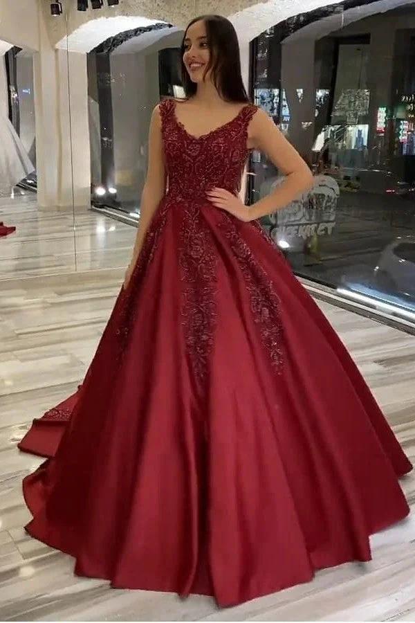 Long A-Line V-neck Backless Appliques Beading Satin Ruffles Prom Dress by BIZTUNNEL