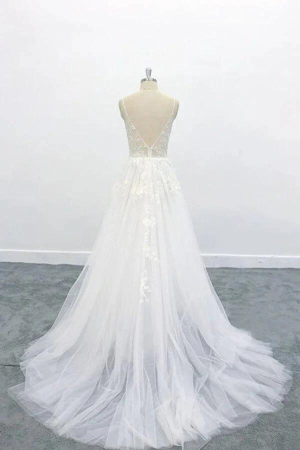 Long A-line V-neck Backless Appliques Lace Tulle Wedding Dress by BIZTUNNEL