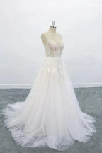 Long A-line V-neck Backless Appliques Lace Tulle Wedding Dress by BIZTUNNEL