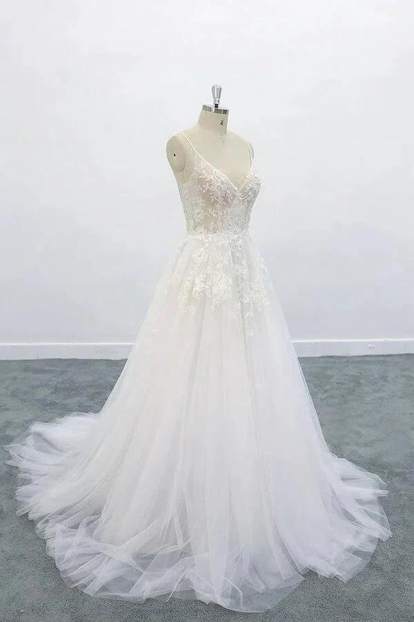 Long A-line V-neck Backless Appliques Lace Tulle Wedding Dress by BIZTUNNEL