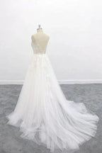 Long A-line V-neck Backless Appliques Lace Tulle Wedding Dress by BIZTUNNEL