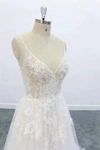 Long A-line V-neck Backless Appliques Lace Tulle Wedding Dress by BIZTUNNEL
