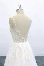 Long A-line V-neck Backless Appliques Lace Tulle Wedding Dress by BIZTUNNEL