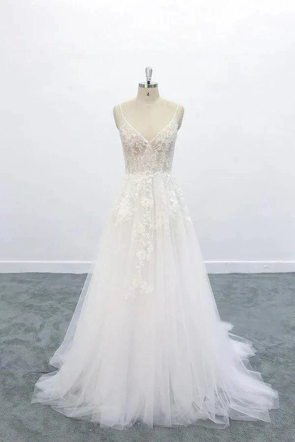 Long A-line V-neck Backless Appliques Lace Tulle Wedding Dress by BIZTUNNEL