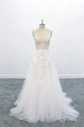 Long A-line V-neck Backless Appliques Lace Tulle Wedding Dress by BIZTUNNEL